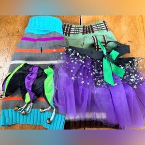 Assorted dog clothes, size small (sweaters and Halloween outfits)